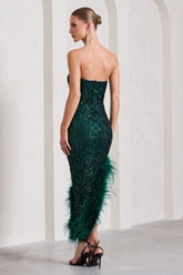 Bottle Green Sequin Asymmetric Bandeau Maxi Dress With Feathers